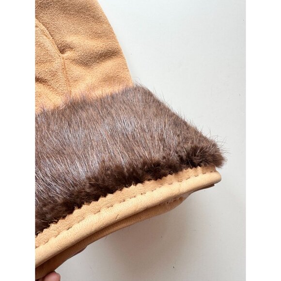 Vintage Alaskan Tan Suede Leather Beaver Fur Trim Sheepskin Lined Eskimo Mittens - Picture 8 of 11